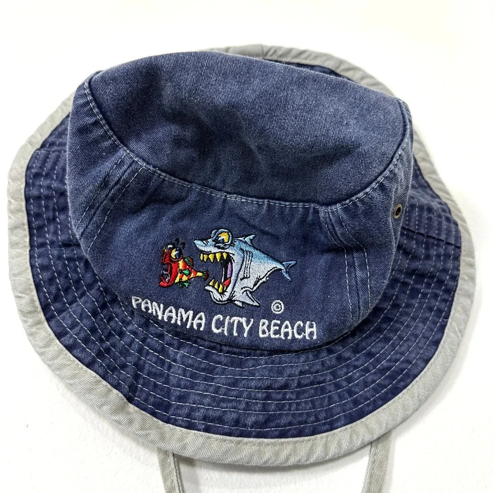 VTG‎ Panama City Beach Shark Bucket Hat Blue Kids Child Sun Hat 90s Beach